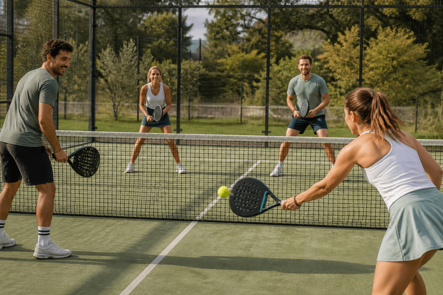 Vier leden van een padelclub tijdens een dubbelwedstrijd